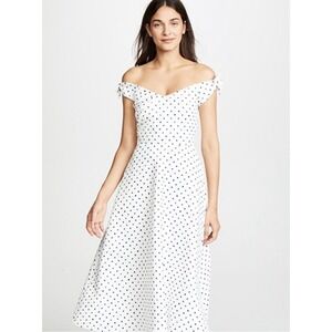 Saloni Ruth Polka Dot Midi Dress Off the Shoulder Tie‎ Straps White Black US 2